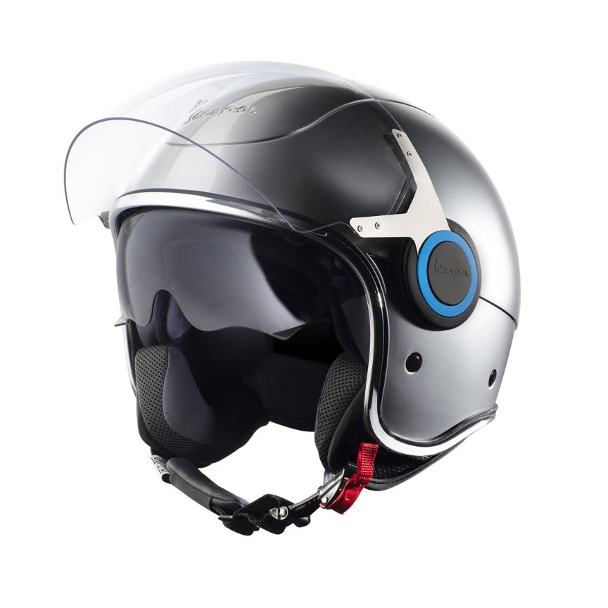 chrome dot motorcycle helmet VESPA VJ ELETTRICA GREY/CHROME – Scooterwest Vintage BRETTON 400 Spinning POD120260622529 Strap Retention System With Model:ONCP110LM2