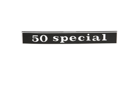 "50 SPECIAL" REAR BADGE NAME PLATE (BLACK RECTANGLE W/ SILVER WRITING)