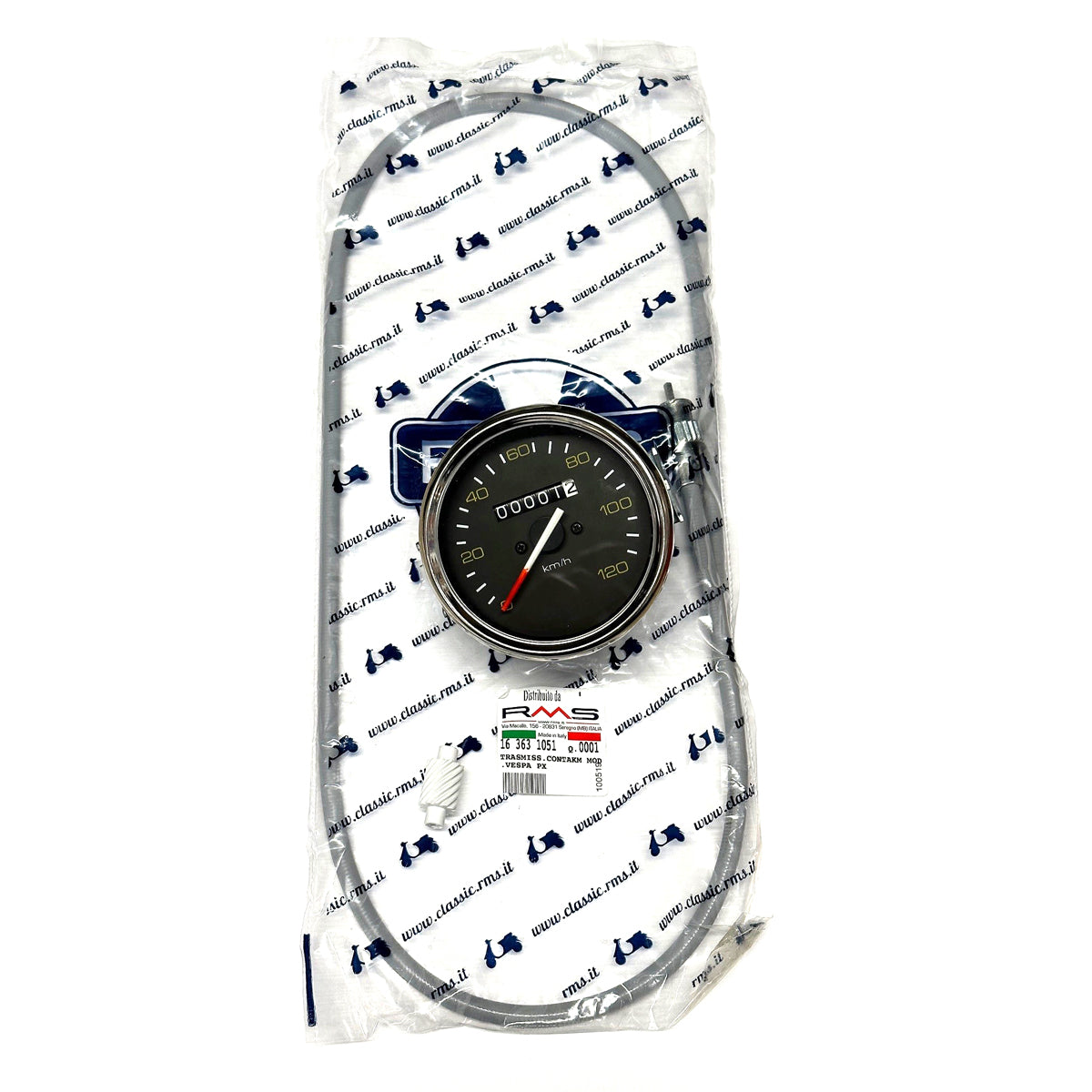 120KM/H SPEEDO P SERIES P125X P200E (BLACK FACE CHROME RIM NO PIAGGIO LOGO OR NEUTRAL LIGHT)