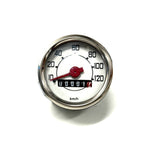 WHITE FACE ROUND 120KM/H SPEEDO SMALL FRAME V5A V9A 1964 (METAL NO PIAGGIO LOGO)