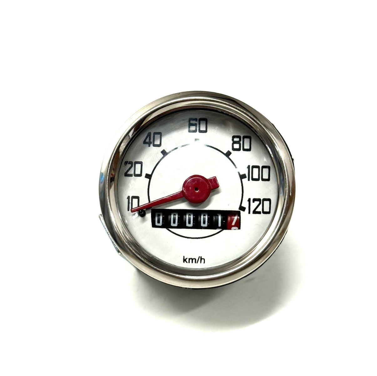WHITE FACE ROUND 120KM/H SPEEDO SMALL FRAME V5A V9A 1964 (METAL NO PIAGGIO LOGO)