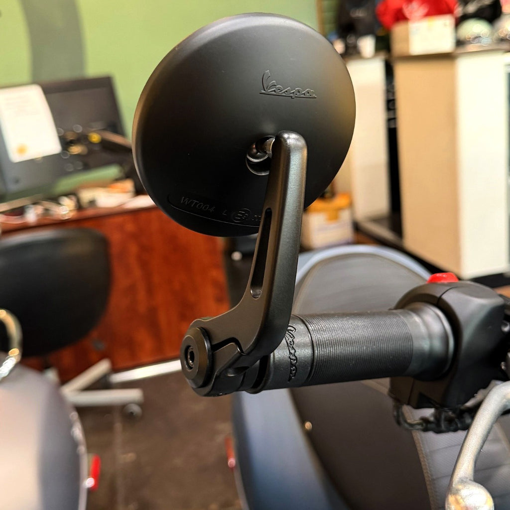 BAR END MIRRORS BLACK PAIR VESPA PRIMAVERA GTV310 OFFICINA 8 (FITS MOST MODERN VESPA MODELS)