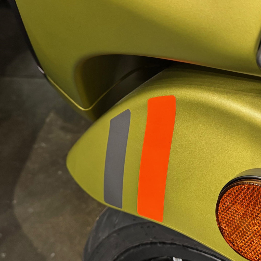 DECAL STICKER KIT OF 4, ORANGE/TITANIUM SIDE AND FRONT FENDER STRIPS PRIMAVERA S 2025