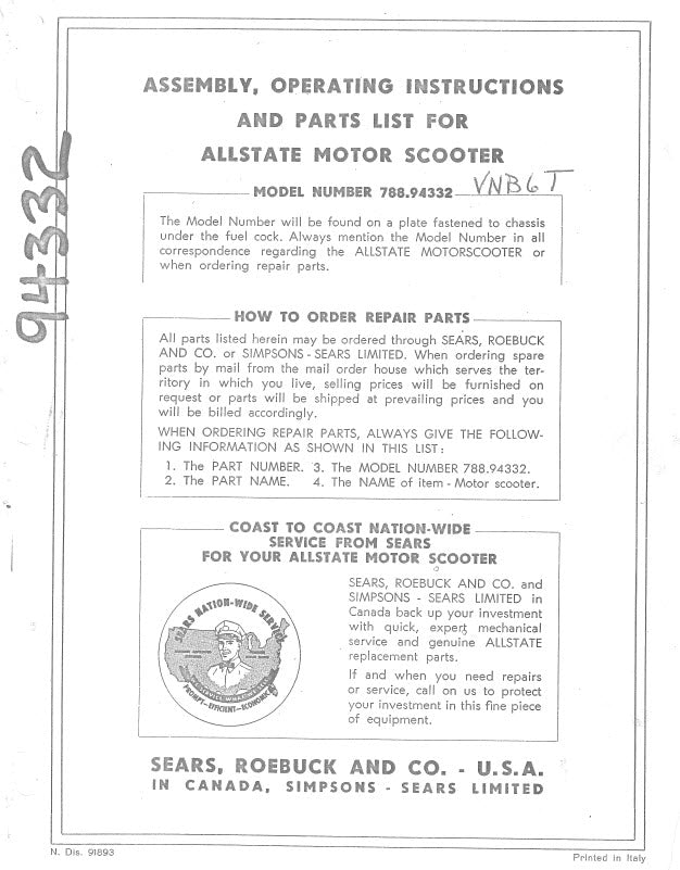 PARTS BOOK ALLSTATE 788.94332 1965