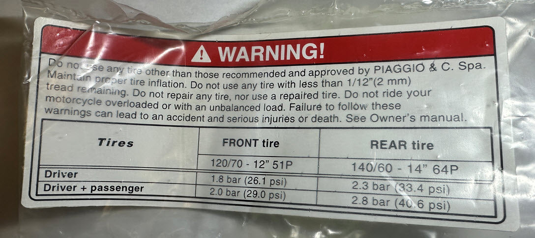 TIRE PRESSURE STICKER - MP3 400/500 2010 MP3 250