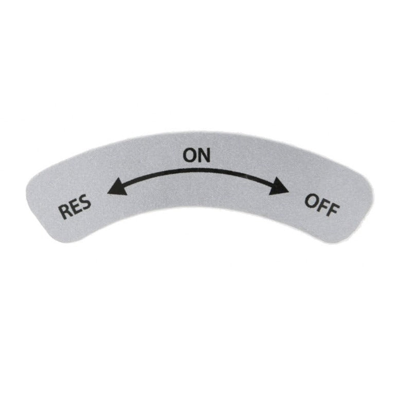 STICKER "RES-ON-OFF", FOR VESPA ALL MODELS, SILVER, L=50MM, W=11MM, ABOVE FUEL TAP LEVER, FOR FUEL TAP POSITION (STELLA)