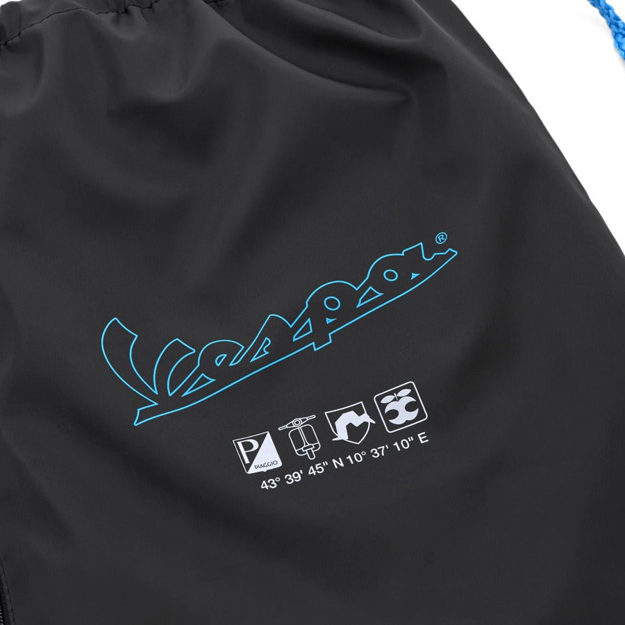 VESPA DEC NYLON DRAWSTRING BACKPACK BAG BLACK WITH BLUE VESPA SCRIPT **SUPER SALE**