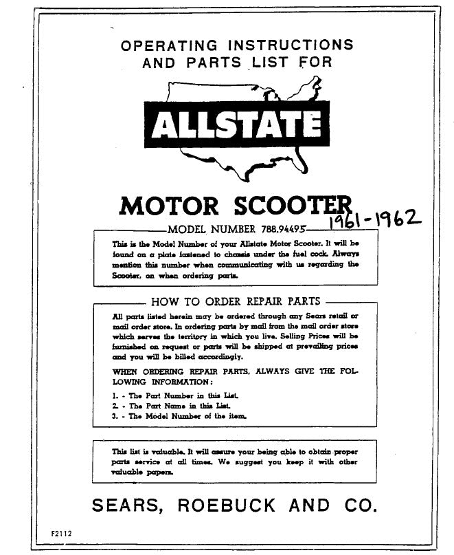 PARTS BOOK-VNB 3 SPEED - ALLSTATE 1961-1962 (788.94495)