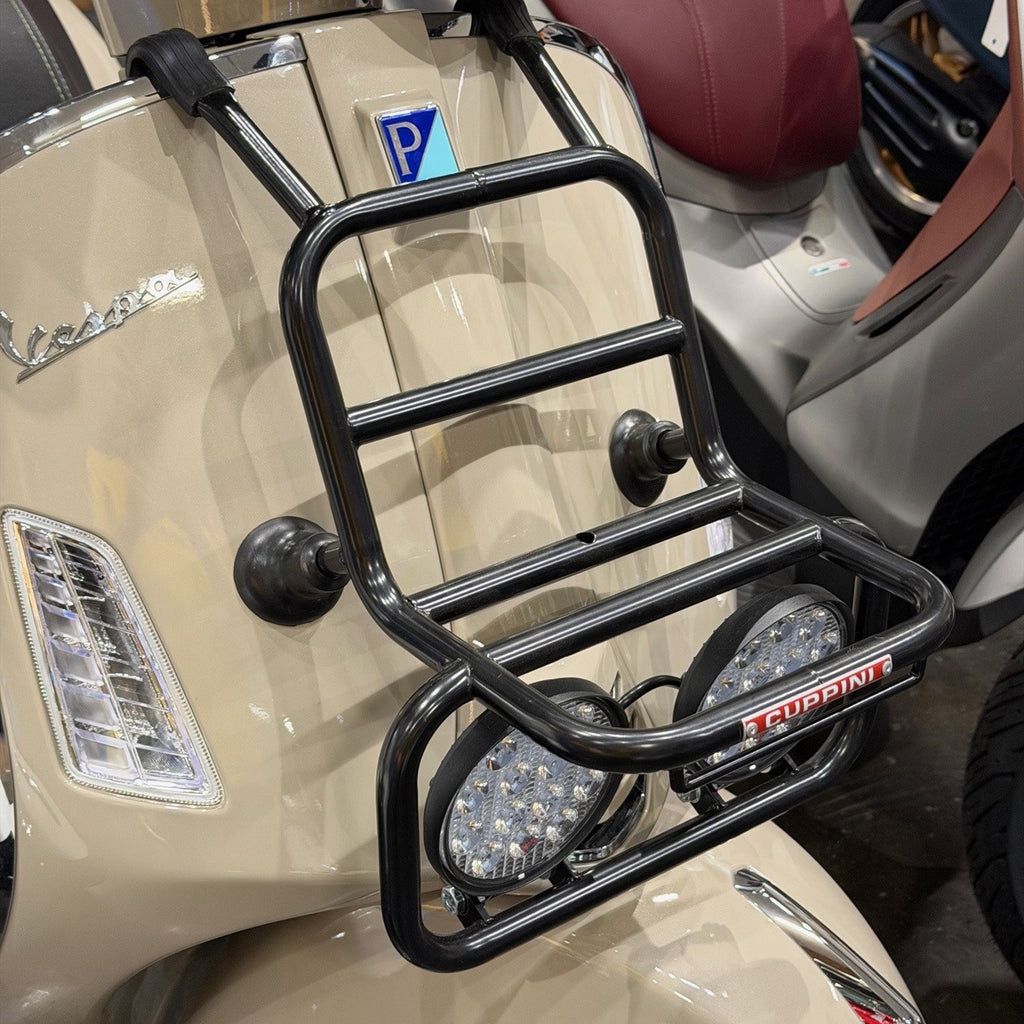 *BLACK* CUPPINI RALLY STYLE FRONT FIXED RACK WITH SPOT LIGHTS VESPA GTS SUPER 300 HPE2 GTS310