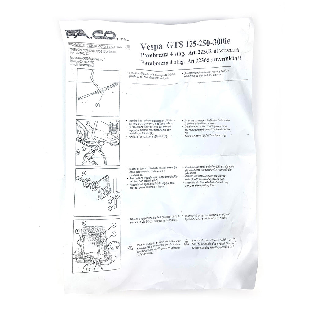 Vespa GTS Wider Mid-size Windshield by Faco Fits GT200-GTS HPE 2005-2022