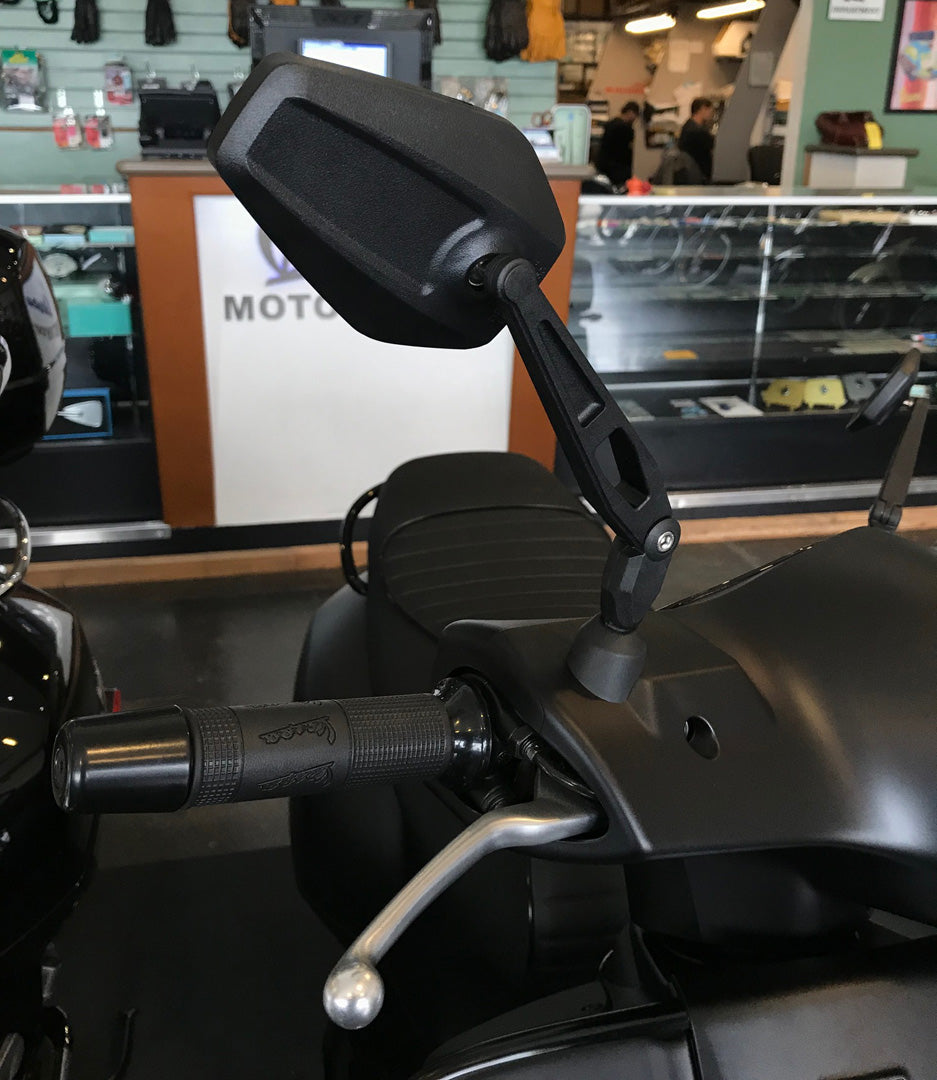 CUSTOM PAIR OF BLACK MIRRORS FOR MODERN VESPA GTS W/ SPECIAL ADAPTOR KIT FOR MOST VESPAS