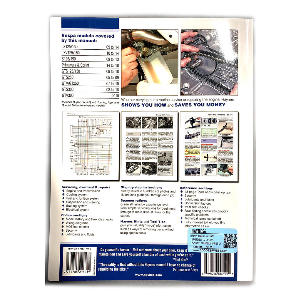 Haynes General Repair Manual 2005-2018 Vespa GTS GTV Super 300 & 125-150 LX-LXV-S & PRIMAVERA SPRINT UP TO 2018