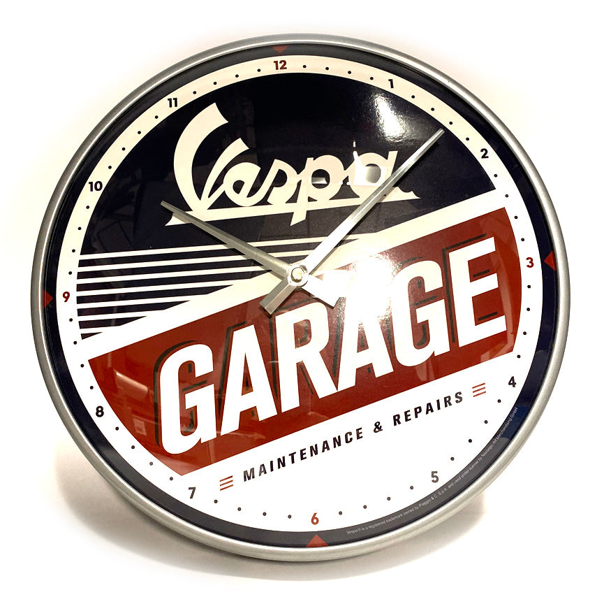 VESPA GARAGE METAL AND GLASS ANALOG WALL CLOCK 12" DIAMETER