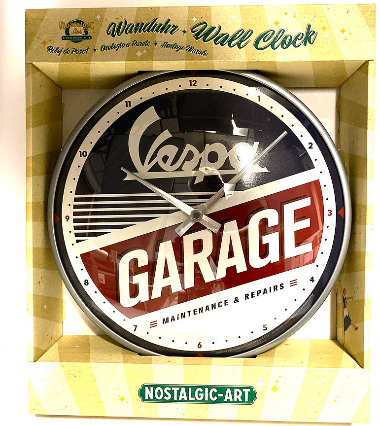VESPA GARAGE METAL AND GLASS ANALOG WALL CLOCK 12" DIAMETER