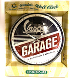 VESPA GARAGE METAL AND GLASS ANALOG WALL CLOCK 12" DIAMETER