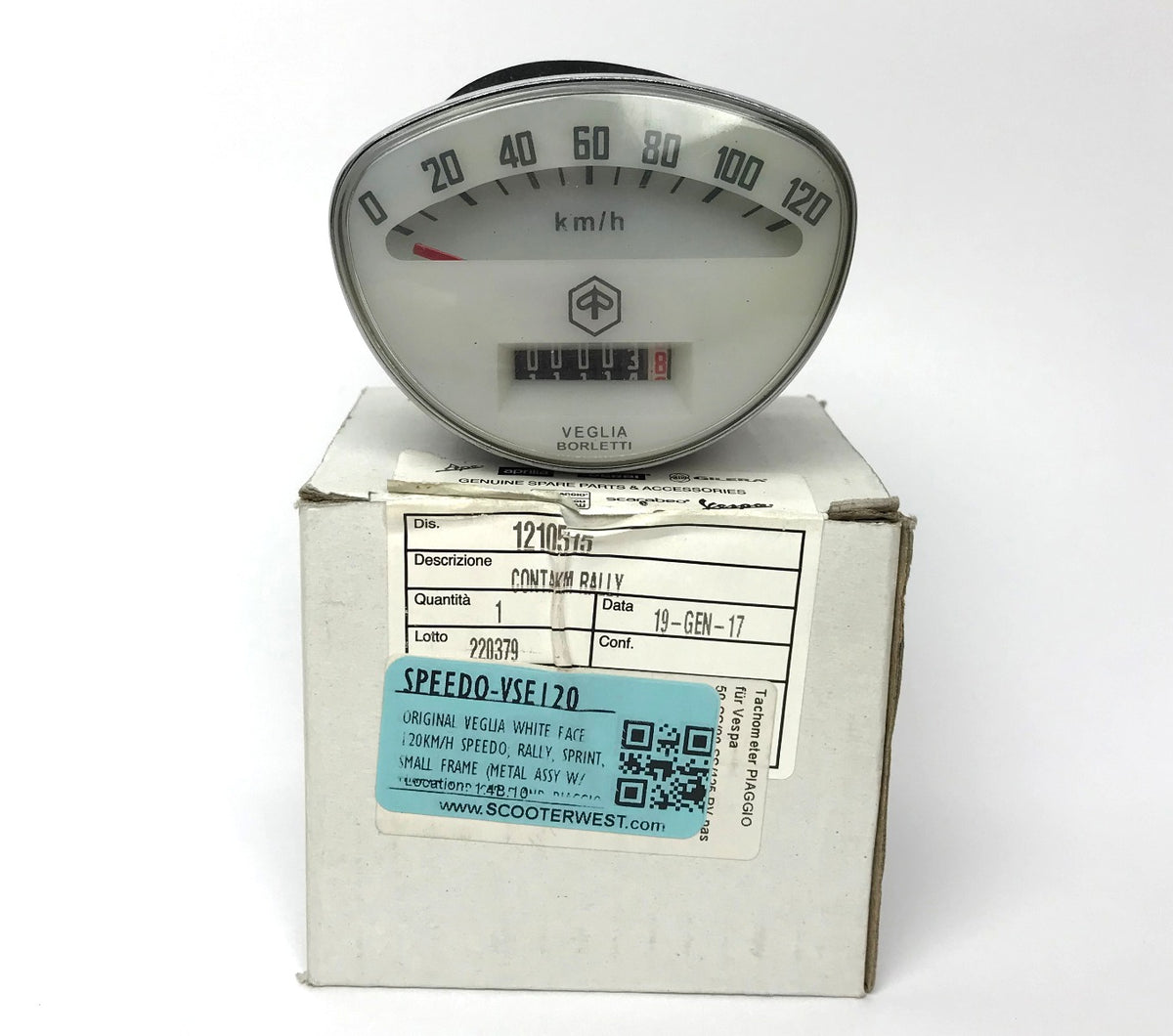 ORIGINAL VEGLIA WHITE FACE 120KM/H SPEEDO; RALLY, SPRINT, SMALL FRAME