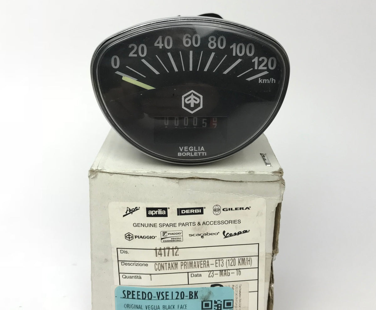 ORIGINAL VEGLIA BLACK FACE 120KM/H SPEEDO; RALLY, SPRINT, SMALL FRAME