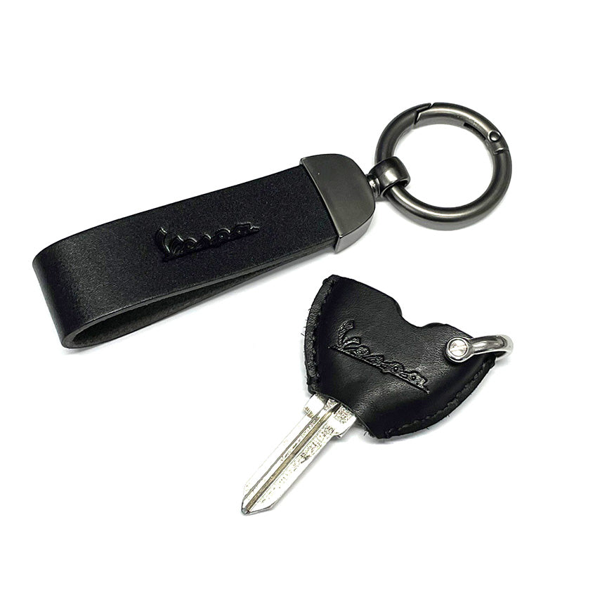 BLACK LEATHER VESPA KEYCHAIN WITH KEY FOB SLEEVE