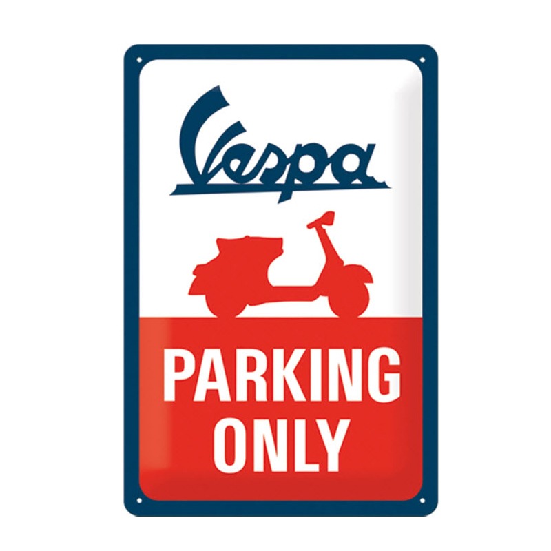 VESPA PARKING ONLY METAL EMBOSSED SIGN BLUE, WHITE & RED (8" WIDE X 12" TALL)