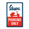 VESPA PARKING ONLY METAL EMBOSSED SIGN BLUE, WHITE & RED (8" WIDE X 12" TALL)