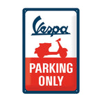 VESPA PARKING ONLY METAL EMBOSSED SIGN BLUE, WHITE & RED (8" WIDE X 12" TALL)