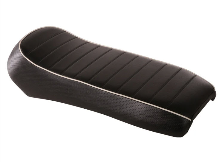 LOW PROFILE SINGLE SADDLE SPORT SEAT BLACK W/WHITE PIPING ROYAL ALLOY (0400-1086)