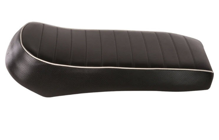 LOW PROFILE SINGLE SADDLE SPORT SEAT BLACK W/WHITE PIPING ROYAL ALLOY (0400-1086)