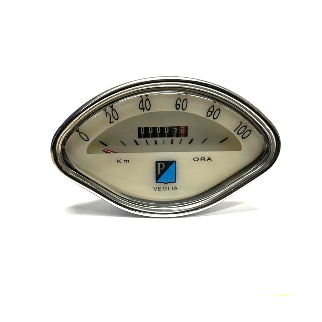 100KM CLAMSHELL SPEEDO (w/Piaggio logo Uses 2.7mm speedo inner cable Bulb not included (uses round base 7mm bulb "12V2W")