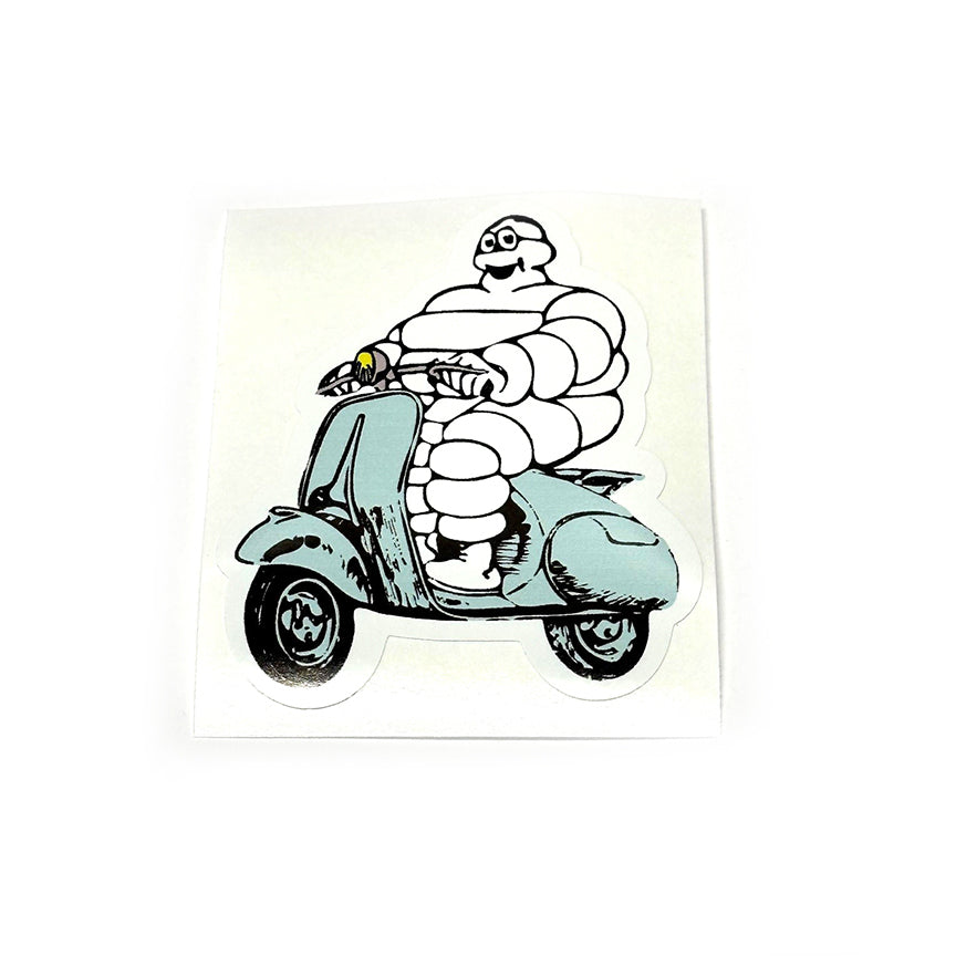 MICHELIN MAN ON SCOOTER STICKER GREEN/WHITE 3" x 2.5"