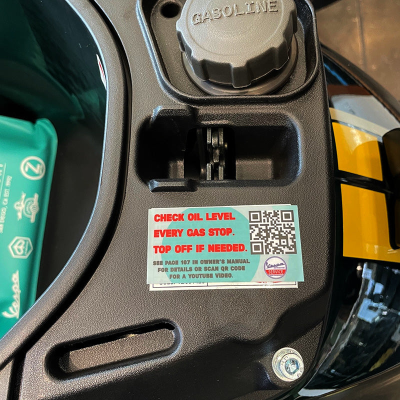 "CHECK OIL LEVEL" DECAL FOR VESPA GTS HPE 2.5" STICKER