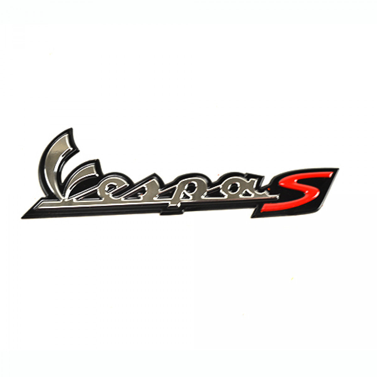 BADGE/EMBLEM "VESPA S" ON REAR END OF SCOOTER OVER RACK MOUNT HOLES (654721)