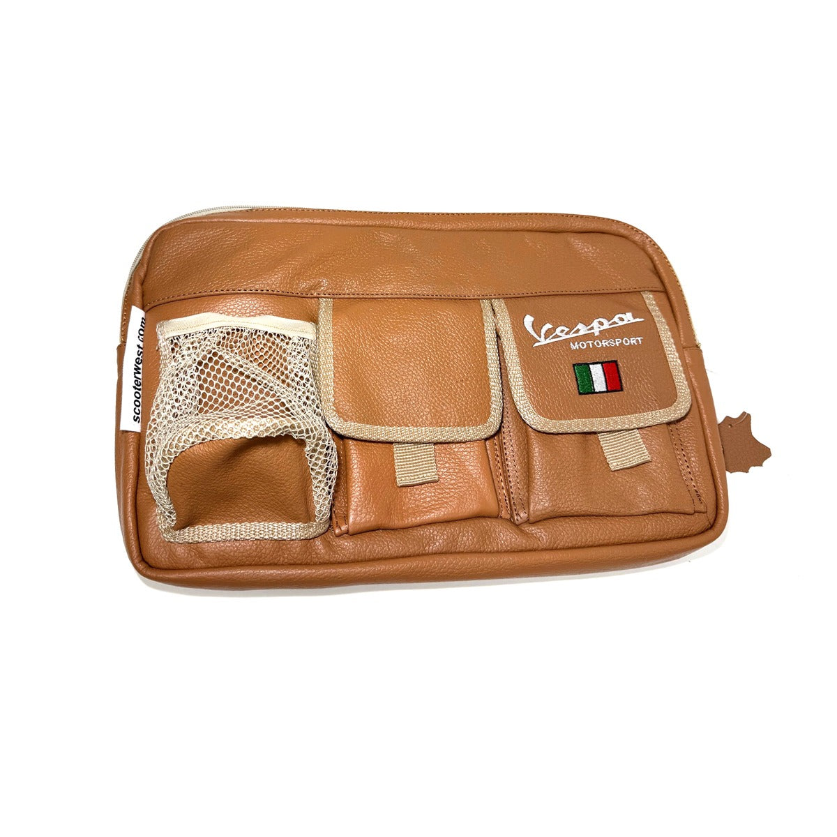 *TAN LEATHER* GLOVE BOX BAG TAN VESPA GTS 200-300 GTS310 PRIMAVERA, SPRINT, PX **SCOOTERWEST EXCLUSIVE**
