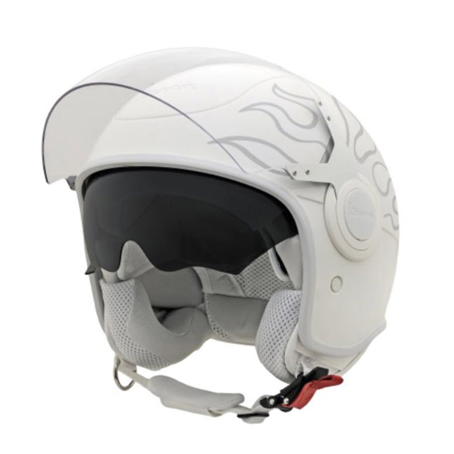 JUSTIN BIEBER X VESPA VJ HELMET WHITE W/FLAMES CLEAR EXTERNAL VISOR W/SMOKE INNER VISOR **CLOSEOUT**