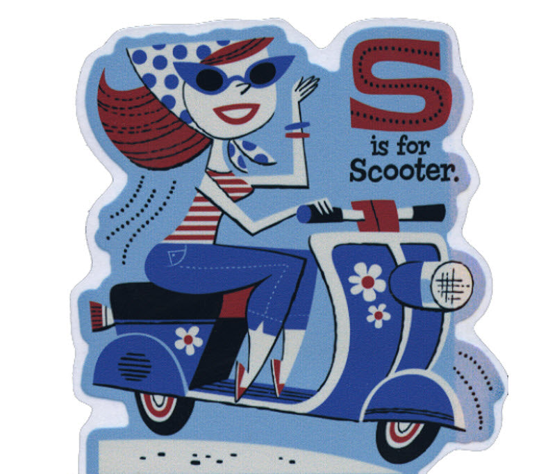 S IS FOR SCOOTER GIRL ON BLUE SCOOTER STICKER BY DEREK LARGE
